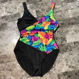 Maillot Baltex "Body I.D." 90's Tropical One-Piece Swimsuit - Size 14 C/D